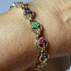 Vintage Ruby Emerald Sapphire Sterling Silver Gold Tone Flower Bracelet